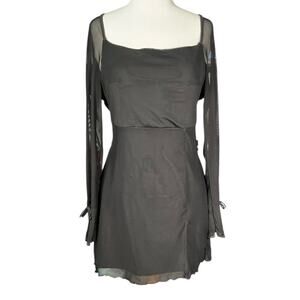Y2K Black Mini Dress Sheer Sleeves Bow Detail Long Sleeve Goth Grunge Large
